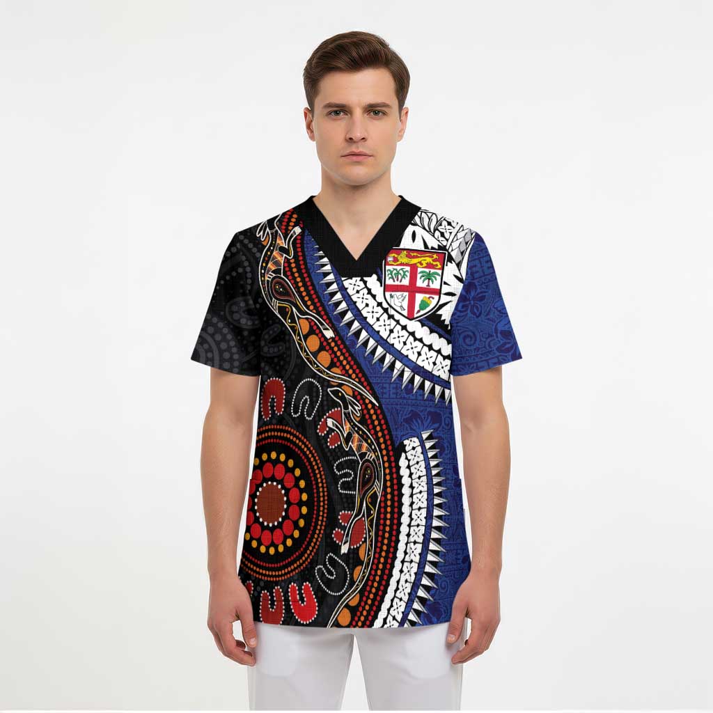 Fiji and Australia Together Scrub Top Kangaroo Aboriginal with Tribal Tapa Hibiscus Half Style - Polynesian Pride