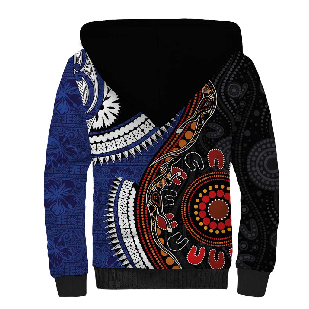 Fiji and Australia Together Sherpa Hoodie Kangaroo Aboriginal with Tribal Tapa Hibiscus Half Style - Polynesian Pride