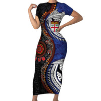 Fiji and Australia Together Short Sleeve Bodycon Dress Kangaroo Aboriginal with Tribal Tapa Hibiscus Half Style - Polynesian Pride
