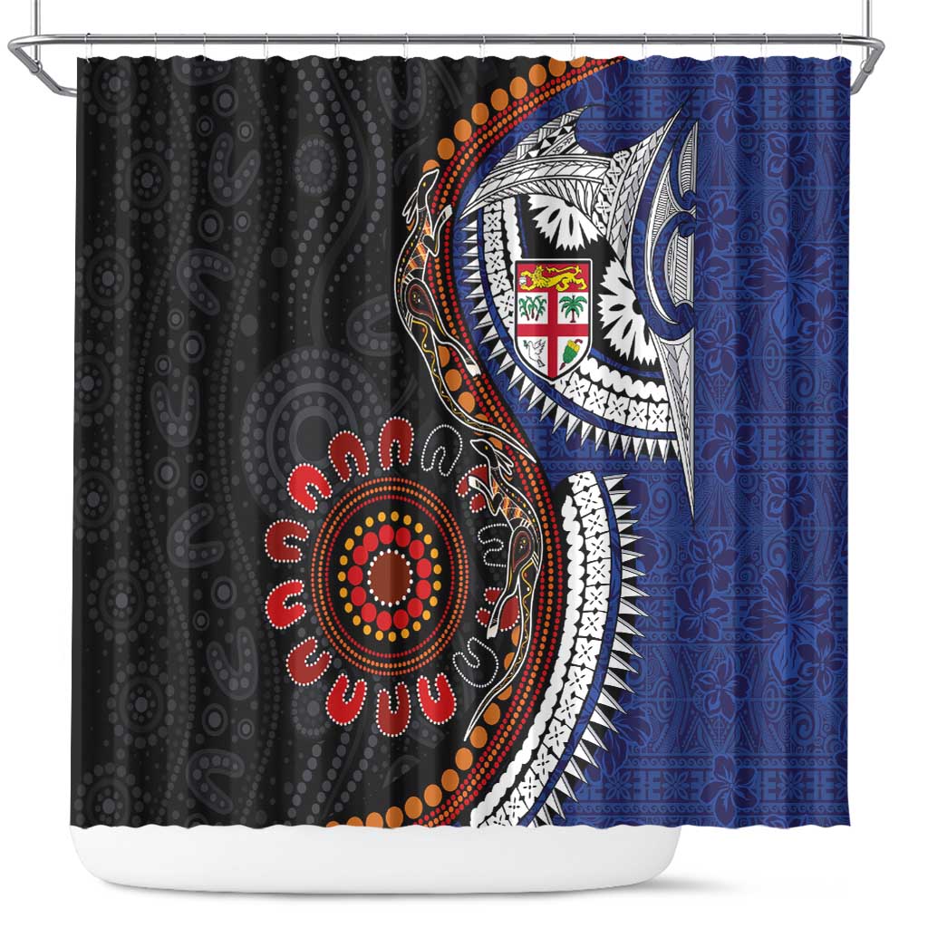 Fiji and Australia Together Shower Curtain Kangaroo Aboriginal with Tribal Tapa Hibiscus Half Style - Polynesian Pride
