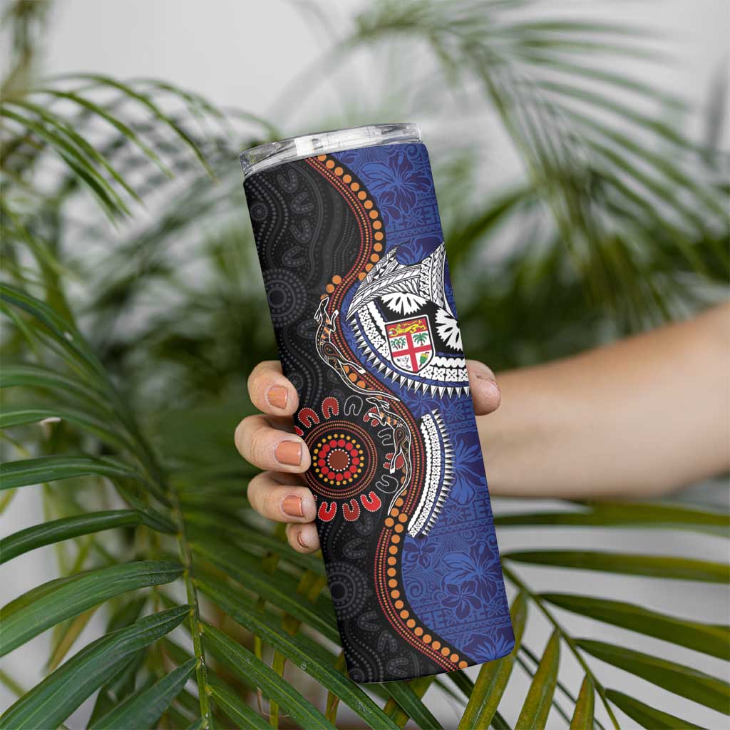 Fiji and Australia Together Skinny Tumbler Kangaroo Aboriginal with Tribal Tapa Hibiscus Half Style - Polynesian Pride