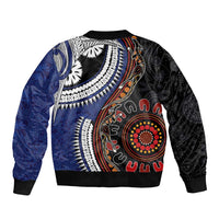 Fiji and Australia Together Sleeve Zip Bomber Jacket Kangaroo Aboriginal with Tribal Tapa Hibiscus Half Style - Polynesian Pride