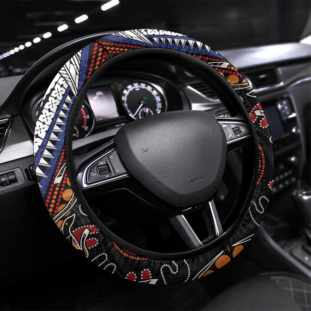 Fiji and Australia Together Steering Wheel Cover Kangaroo Aboriginal with Tribal Tapa Hibiscus Half Style - Polynesian Pride