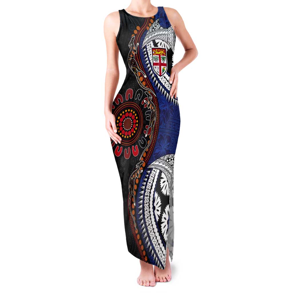 Fiji and Australia Together Tank Maxi Dress Kangaroo Aboriginal with Tribal Tapa Hibiscus Half Style - Polynesian Pride