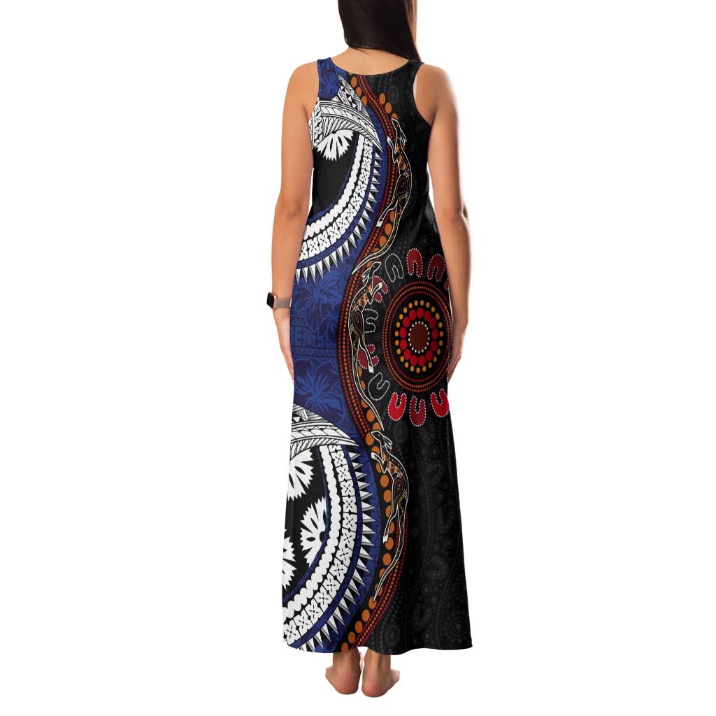 Fiji and Australia Together Tank Maxi Dress Kangaroo Aboriginal with Tribal Tapa Hibiscus Half Style - Polynesian Pride