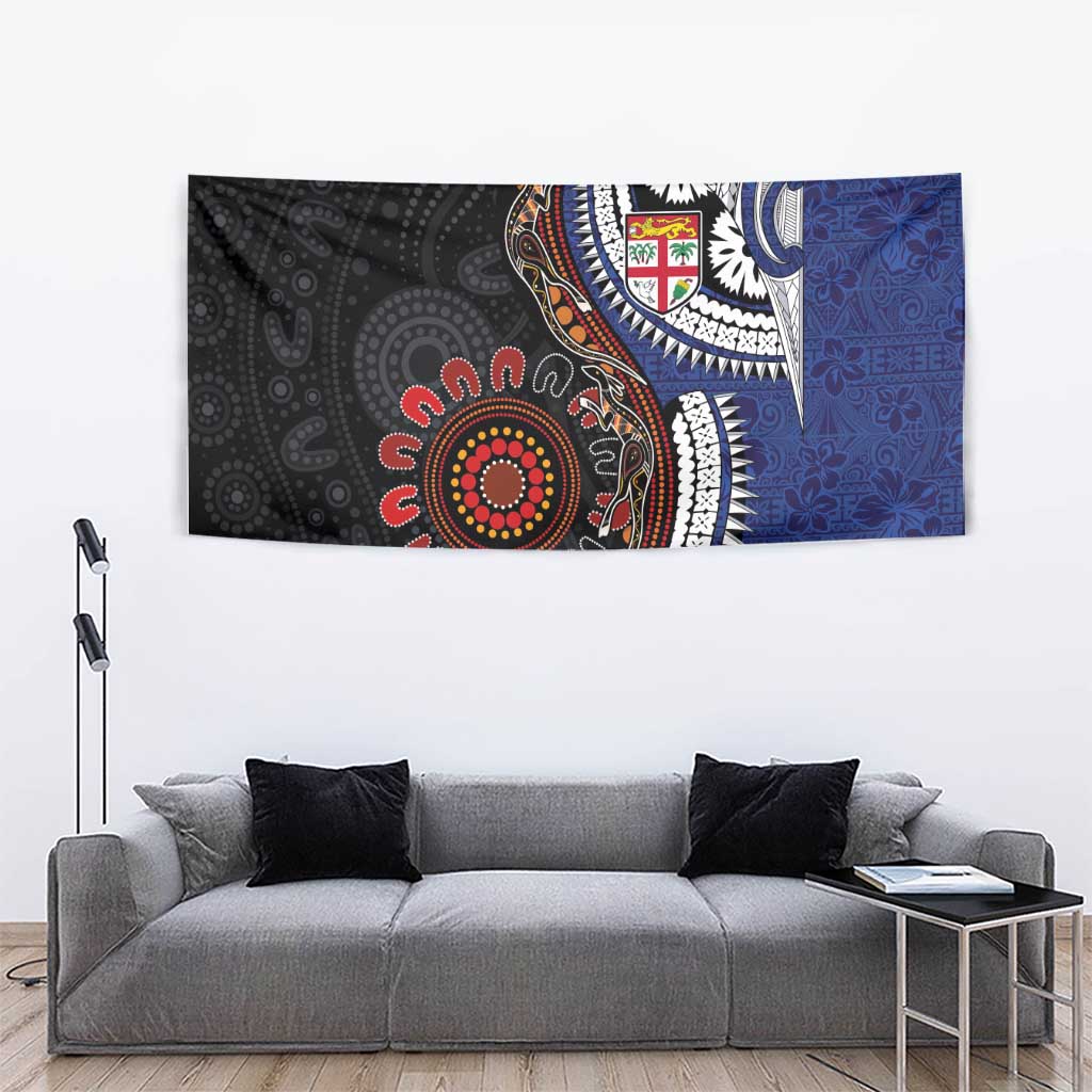 Fiji and Australia Together Tapestry Kangaroo Aboriginal with Tribal Tapa Hibiscus Half Style - Polynesian Pride