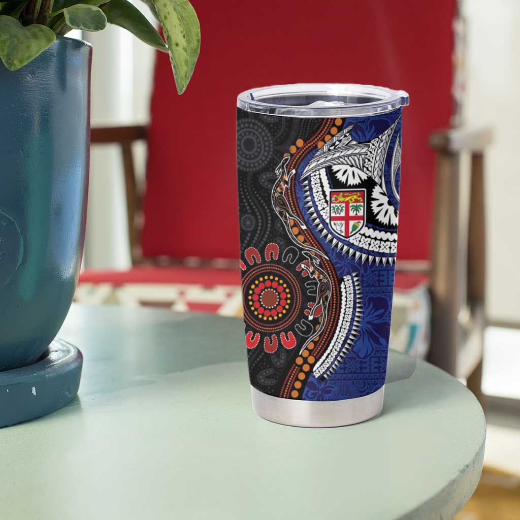 Fiji and Australia Together Tumbler Cup Kangaroo Aboriginal with Tribal Tapa Hibiscus Half Style - Polynesian Pride