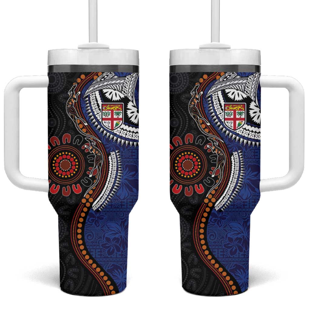 Fiji and Australia Together Tumbler With Handle Kangaroo Aboriginal with Tribal Tapa Hibiscus Half Style - Polynesian Pride