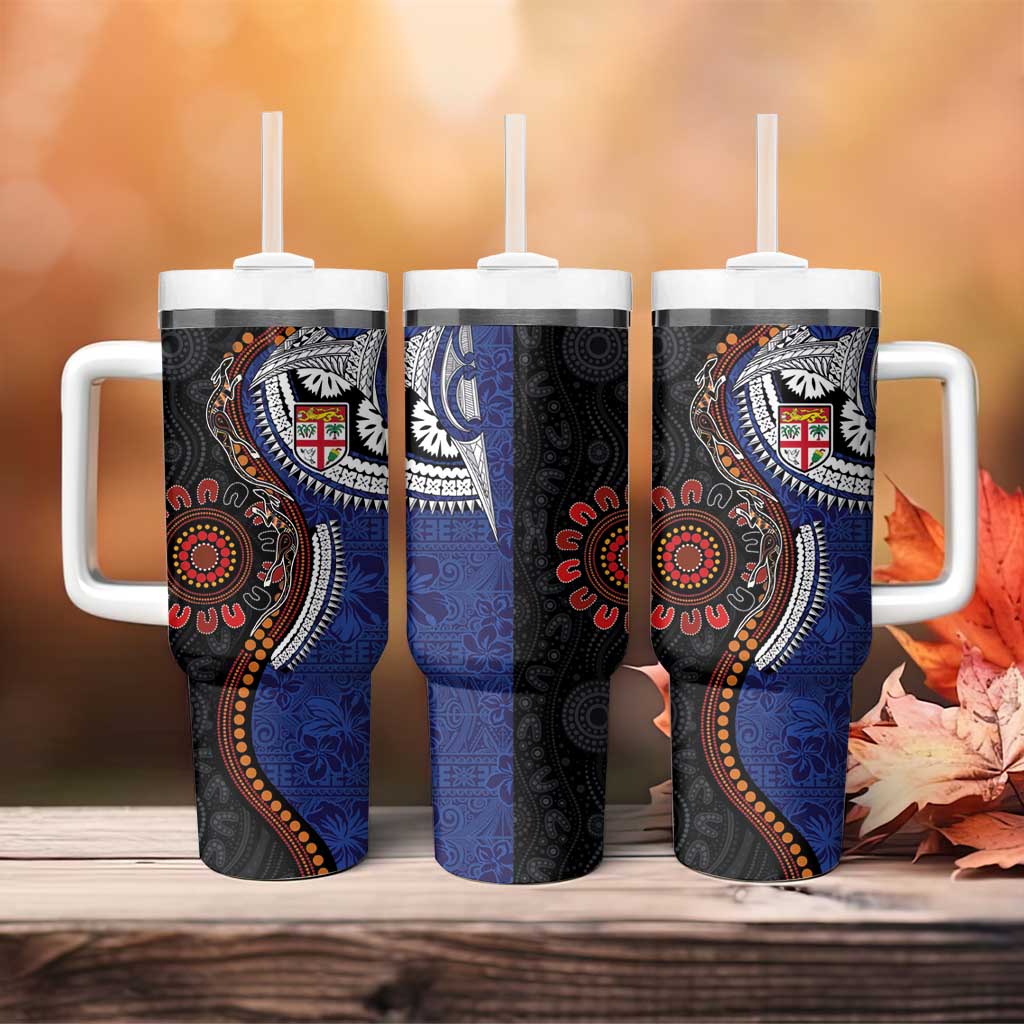 Fiji and Australia Together Tumbler With Handle Kangaroo Aboriginal with Tribal Tapa Hibiscus Half Style - Polynesian Pride