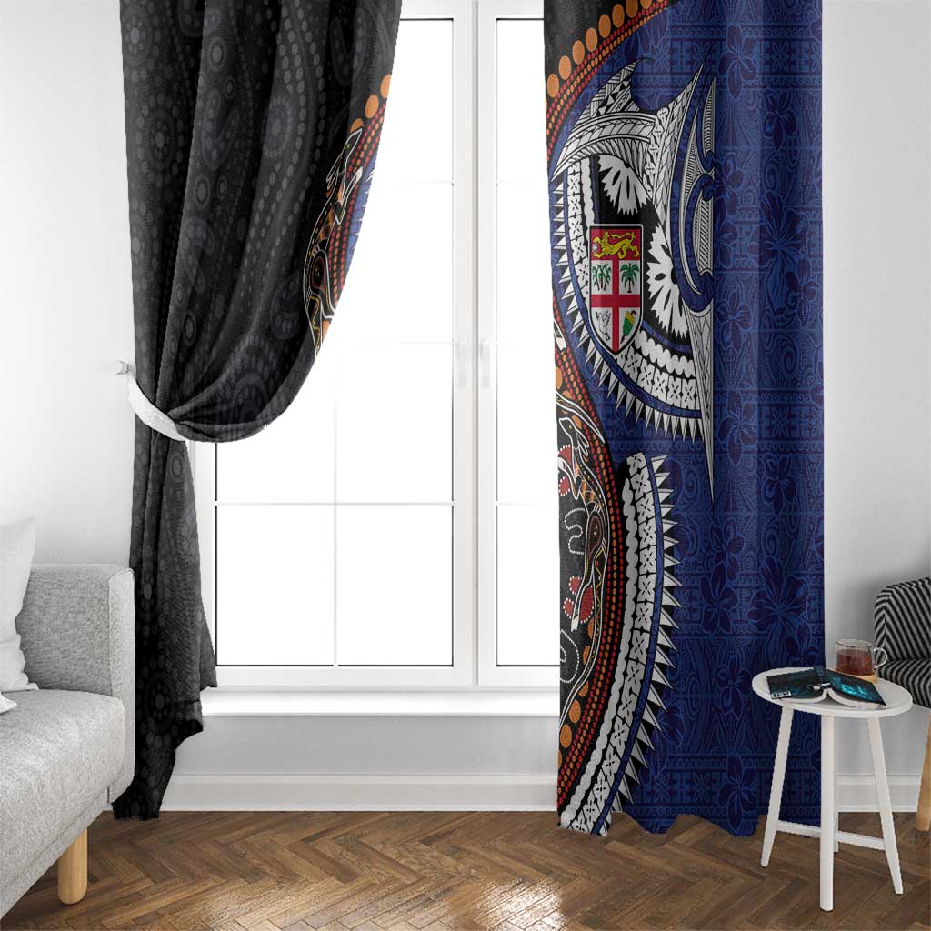 Fiji and Australia Together Window Curtain Kangaroo Aboriginal with Tribal Tapa Hibiscus Half Style - Polynesian Pride