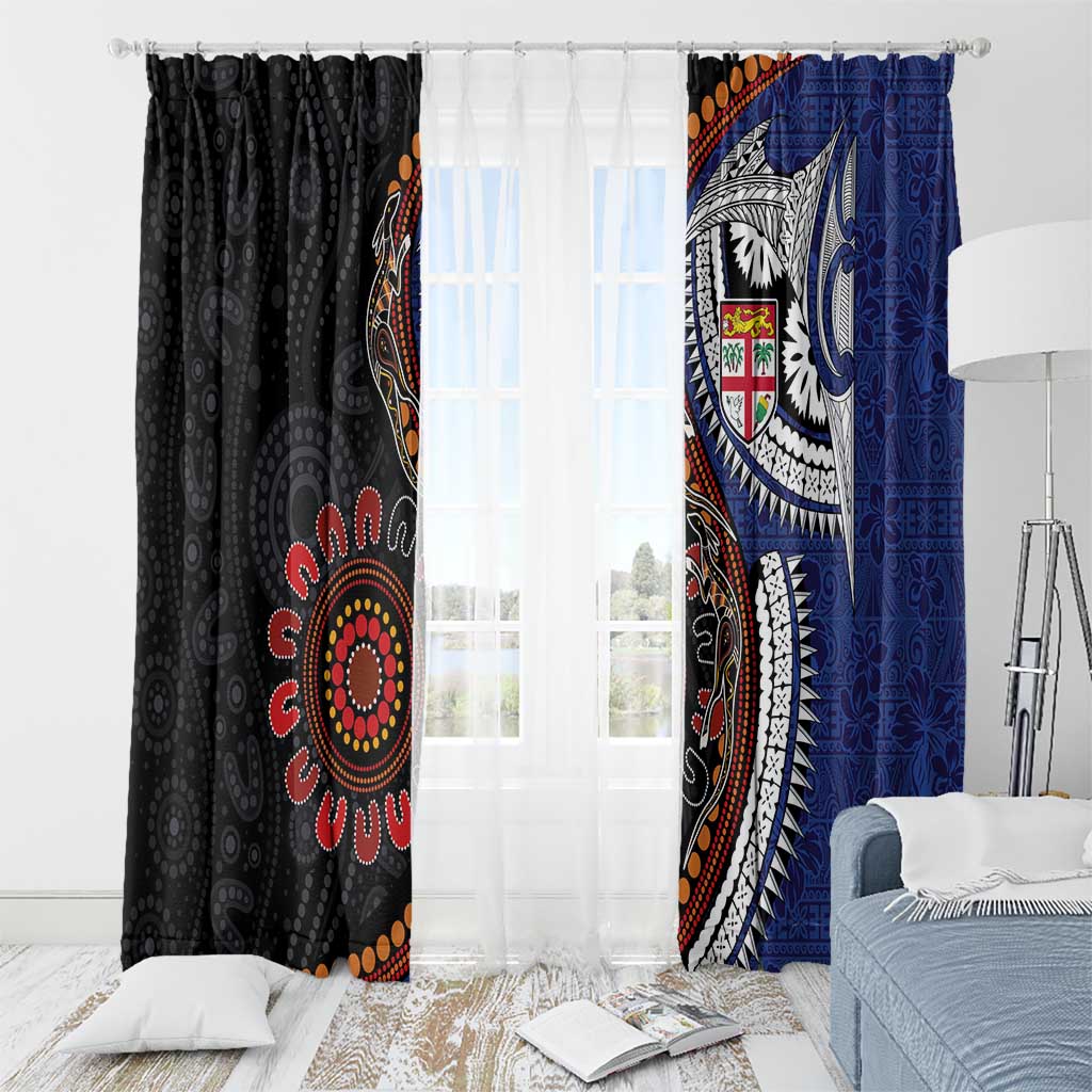 Fiji and Australia Together Window Curtain Kangaroo Aboriginal with Tribal Tapa Hibiscus Half Style - Polynesian Pride