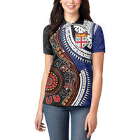 Fiji and Australia Together Women Polo Shirt Kangaroo Aboriginal with Tribal Tapa Hibiscus Half Style - Polynesian Pride