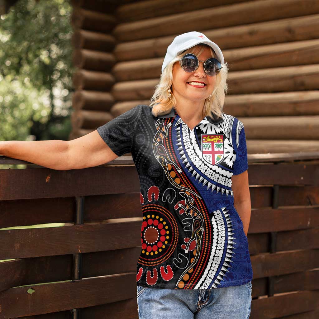 Fiji and Australia Together Women Polo Shirt Kangaroo Aboriginal with Tribal Tapa Hibiscus Half Style - Polynesian Pride