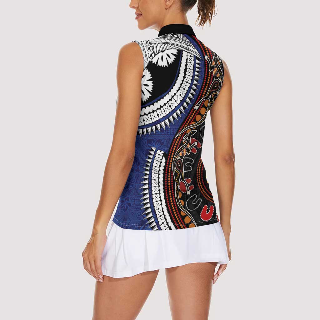 Fiji and Australia Together Women Sleeveless Polo Shirt Kangaroo Aboriginal with Tribal Tapa Hibiscus Half Style - Polynesian Pride