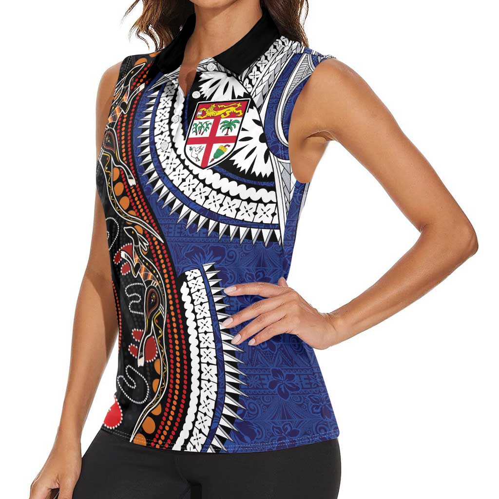 Fiji and Australia Together Women Sleeveless Polo Shirt Kangaroo Aboriginal with Tribal Tapa Hibiscus Half Style - Polynesian Pride