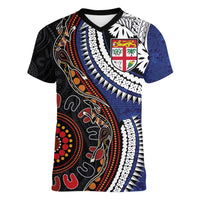 Fiji and Australia Together Women V-Neck T-Shirt Kangaroo Aboriginal with Tribal Tapa Hibiscus Half Style - Polynesian Pride