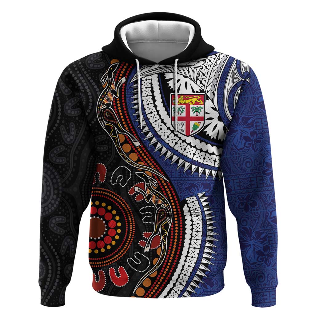 Fiji and Australia Together Zip Hoodie Kangaroo Aboriginal with Tribal Tapa Hibiscus Half Style - Polynesian Pride