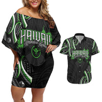 Traditional Art Hawaiian Kakau Tattoos Couples Matching Off Shoulder Short Dress and Hawaiian Shirt Green Color - Polynesian Pride