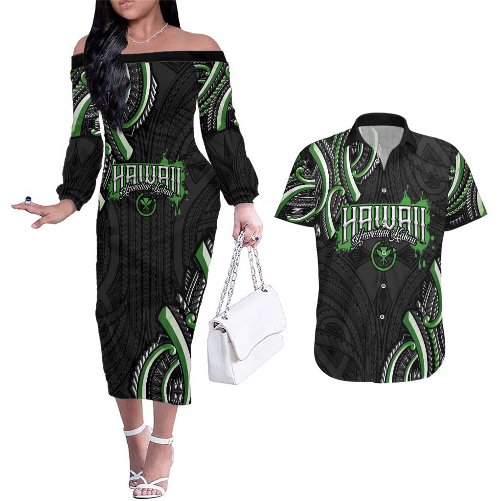 Traditional Art Hawaiian Kakau Tattoos Couples Matching Off The Shoulder Long Sleeve Dress and Hawaiian Shirt Green Color - Polynesian Pride