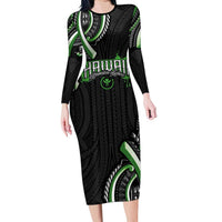 Traditional Art Hawaiian Kakau Tattoos Family Matching Long Sleeve Bodycon Dress and Hawaiian Shirt Green Color - Polynesian Pride