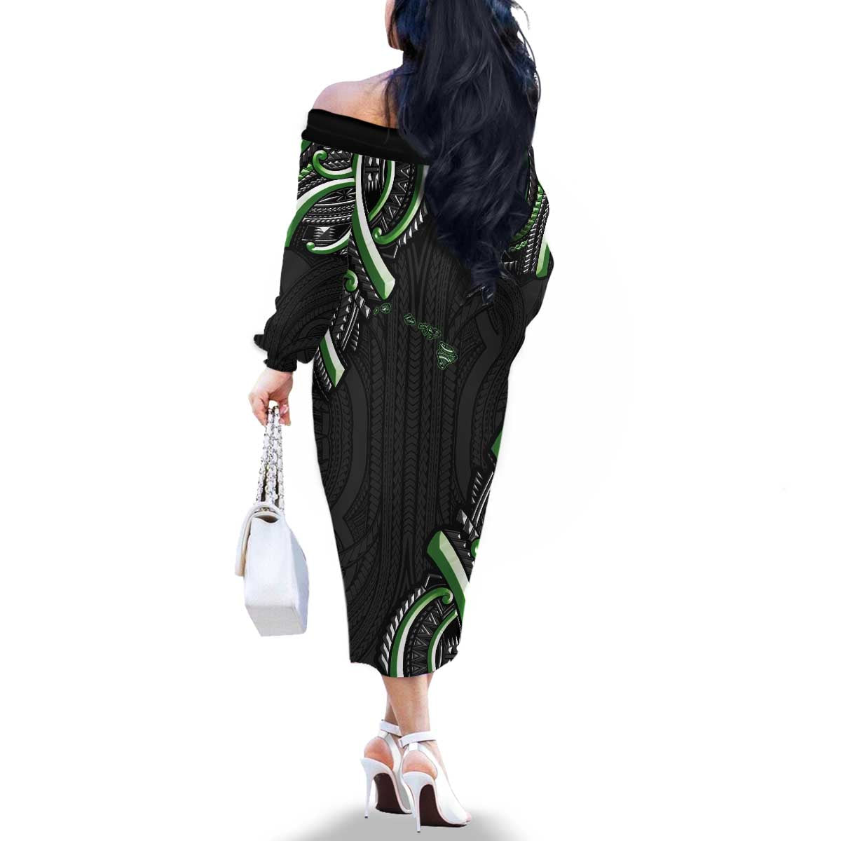 Traditional Art Hawaiian Kakau Tattoos Family Matching Off The Shoulder Long Sleeve Dress and Hawaiian Shirt Green Color - Polynesian Pride
