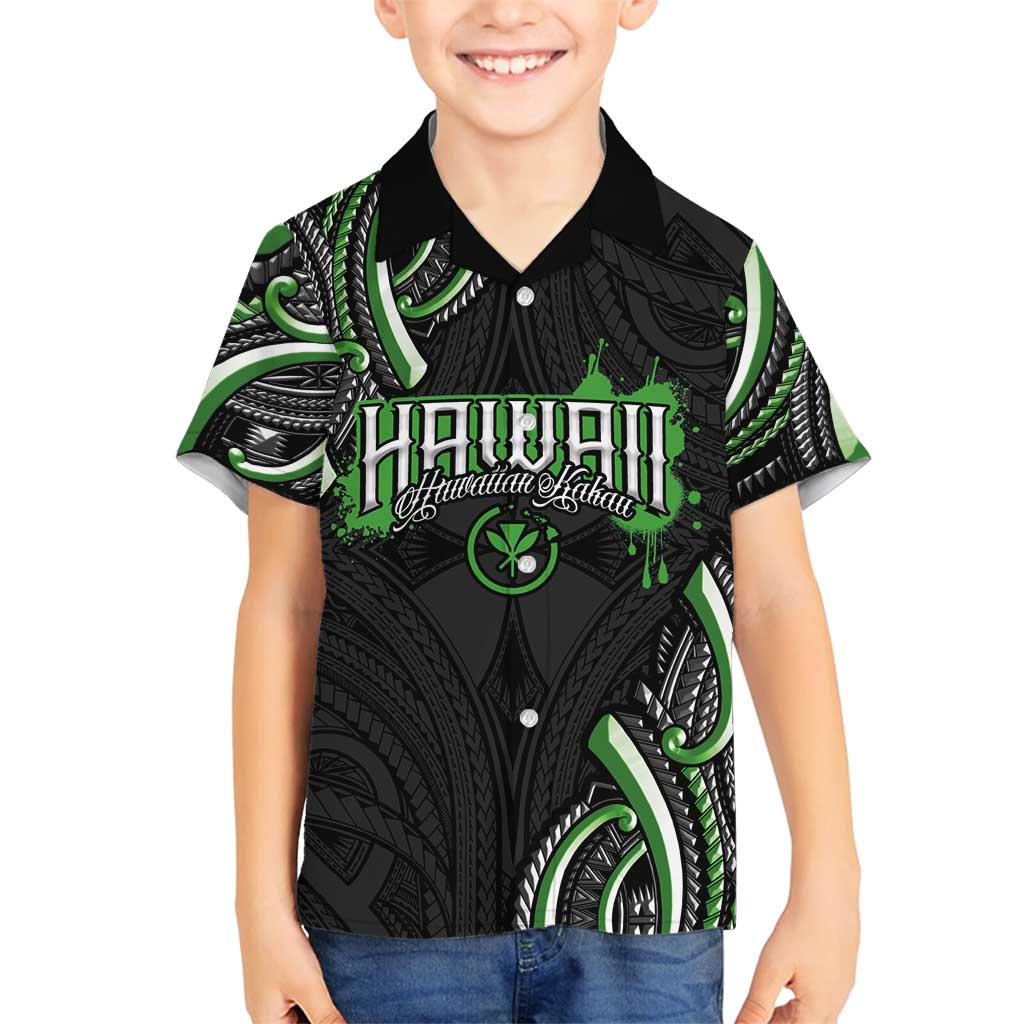Traditional Art Hawaiian Kakau Tattoos Family Matching Off Shoulder Short Dress and Hawaiian Shirt Green Color - Polynesian Pride