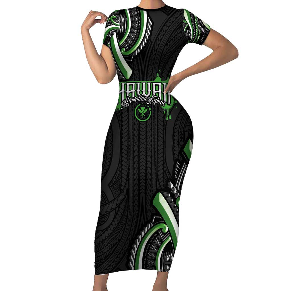 Traditional Art Hawaiian Kakau Tattoos Family Matching Short Sleeve Bodycon Dress and Hawaiian Shirt Green Color - Polynesian Pride