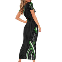 Traditional Art Hawaiian Kakau Tattoos Family Matching Short Sleeve Bodycon Dress and Hawaiian Shirt Green Color - Polynesian Pride