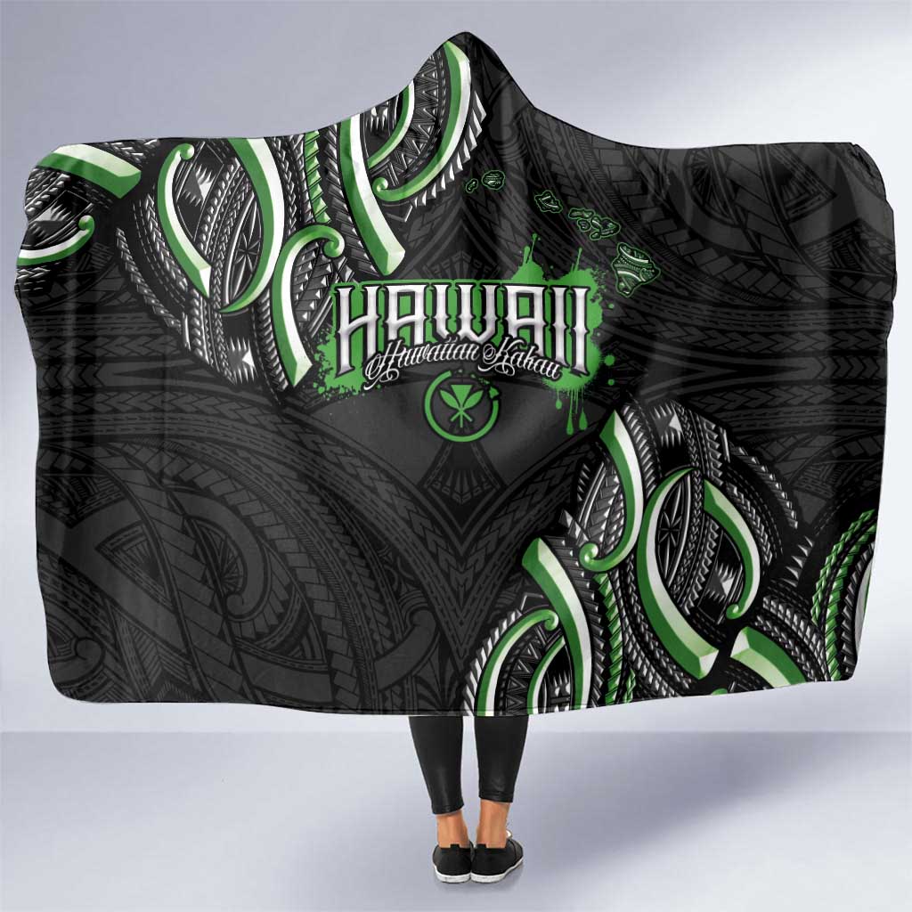 Traditional Art Hawaiian Kakau Tattoos Hooded Blanket Green Color - Polynesian Pride