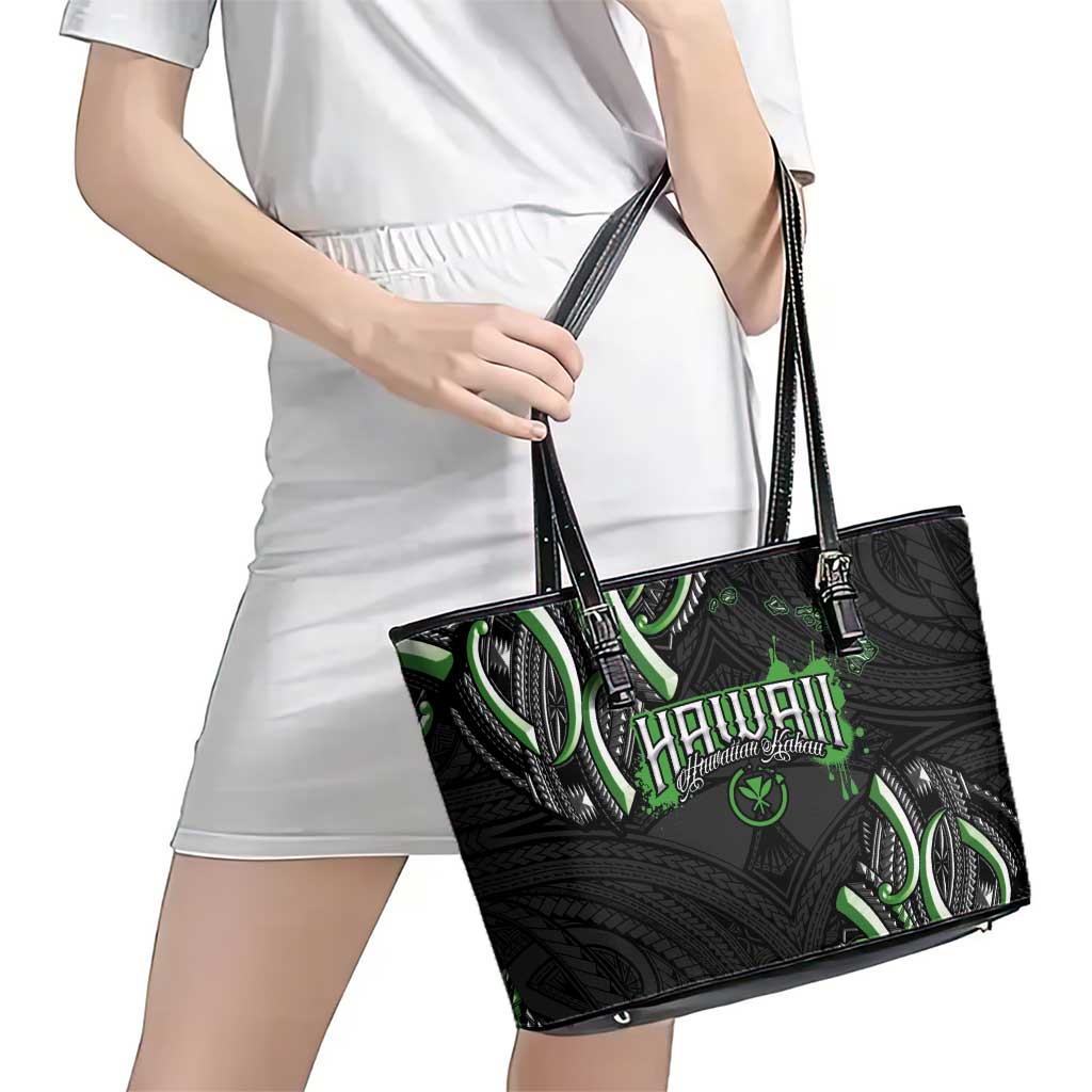 Traditional Art Hawaiian Kakau Tattoos Leather Tote Bag Green Color - Polynesian Pride