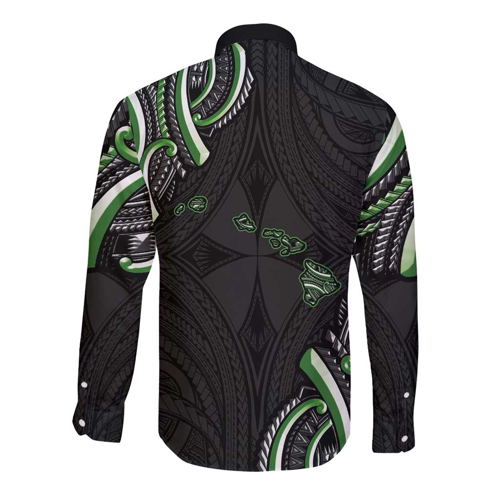 Traditional Art Hawaiian Kakau Tattoos Long Sleeve Button Shirt Green Color LT03 - Polynesian Pride