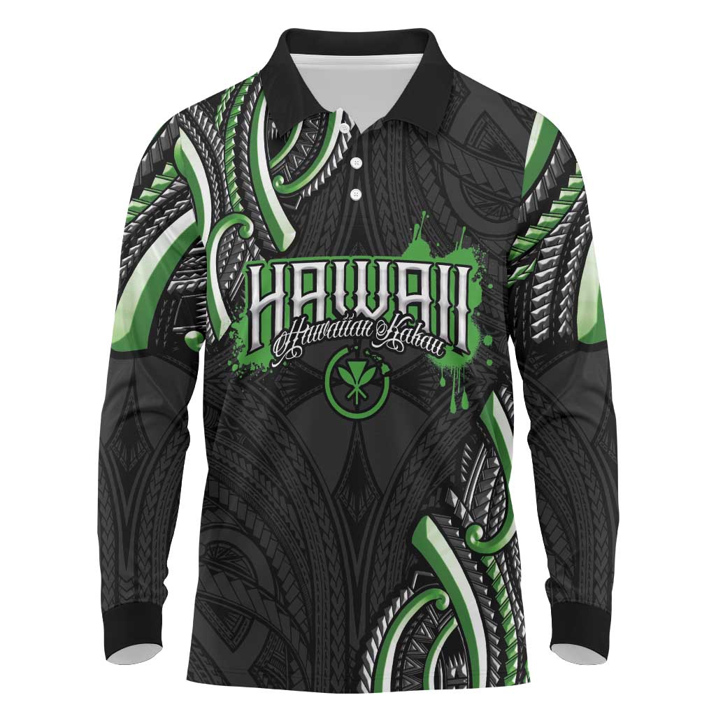 Traditional Art Hawaiian Kakau Tattoos Long Sleeve Polo Shirt Green Color - Polynesian Pride