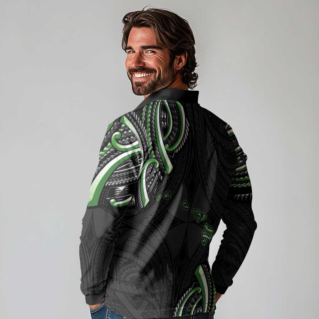 Traditional Art Hawaiian Kakau Tattoos Long Sleeve Polo Shirt Green Color - Polynesian Pride
