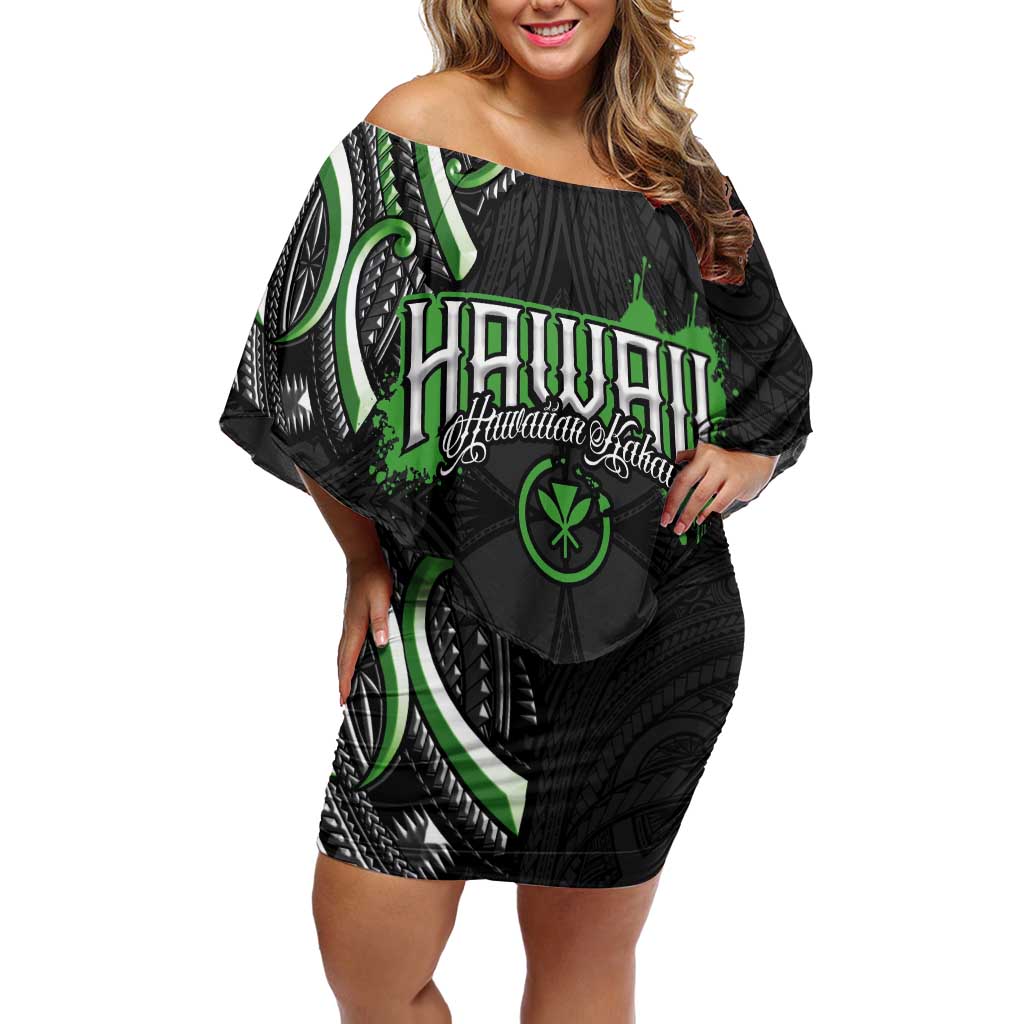 Traditional Art Hawaiian Kakau Tattoos Off Shoulder Short Dress Green Color - Polynesian Pride