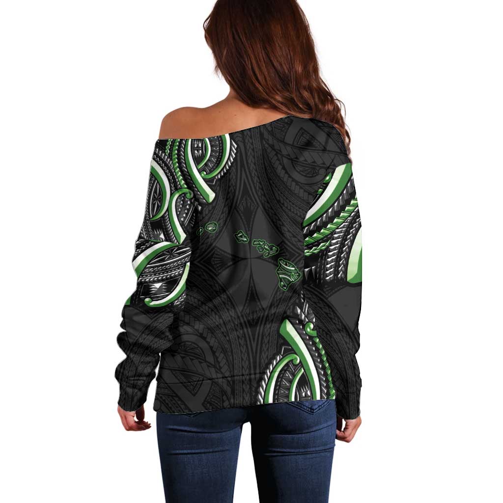 Traditional Art Hawaiian Kakau Tattoos Off Shoulder Sweater Green Color - Polynesian Pride