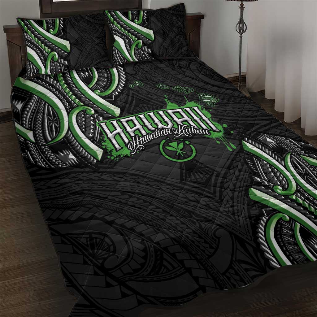 Traditional Art Hawaiian Kakau Tattoos Quilt Bed Set Green Color - Polynesian Pride
