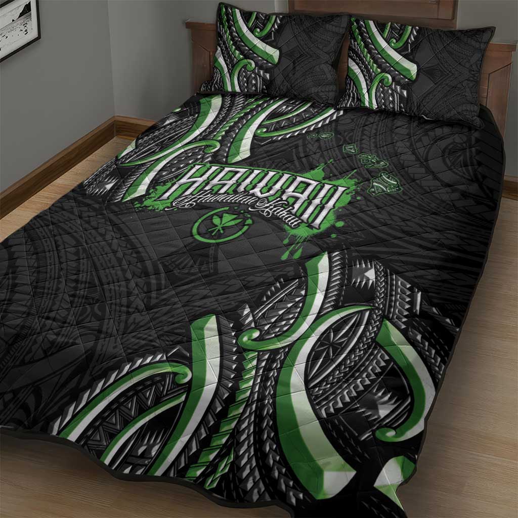 Traditional Art Hawaiian Kakau Tattoos Quilt Bed Set Green Color - Polynesian Pride