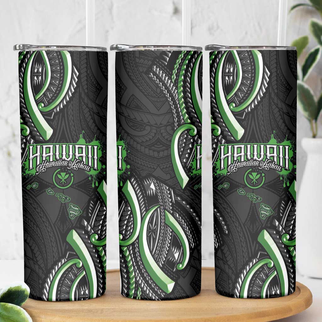 Traditional Art Hawaiian Kakau Tattoos Skinny Tumbler Green Color - Polynesian Pride