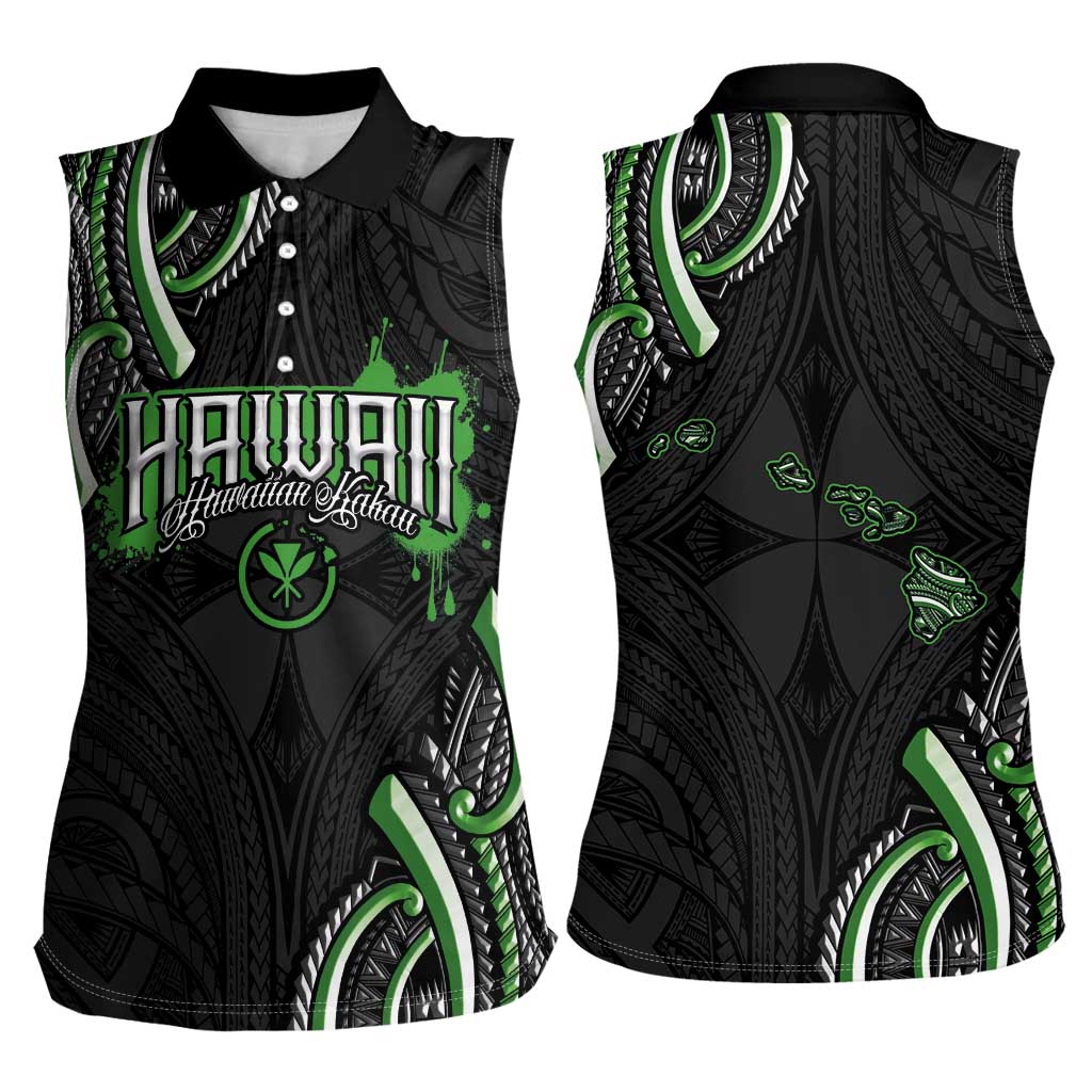 Traditional Art Hawaiian Kakau Tattoos Women Sleeveless Polo Shirt Green Color - Polynesian Pride