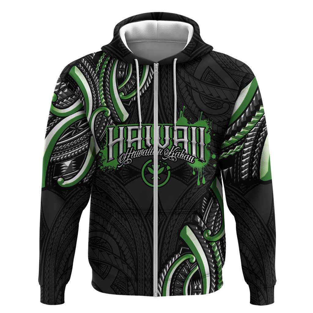 Traditional Art Hawaiian Kakau Tattoos Zip Hoodie Green Color - Polynesian Pride
