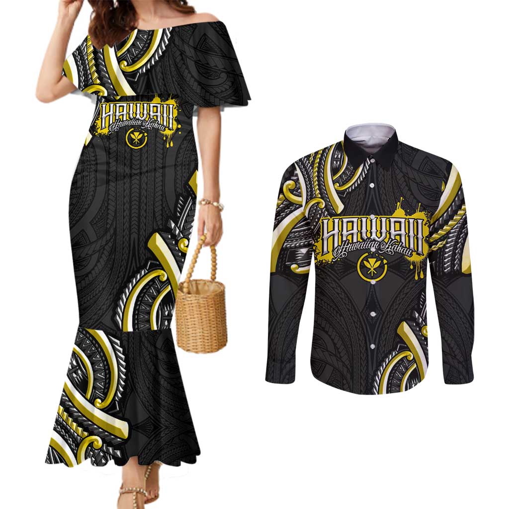 Traditional Art Hawaiian Kakau Tattoos Couples Matching Mermaid Dress and Long Sleeve Button Shirt Yellow Color - Polynesian Pride