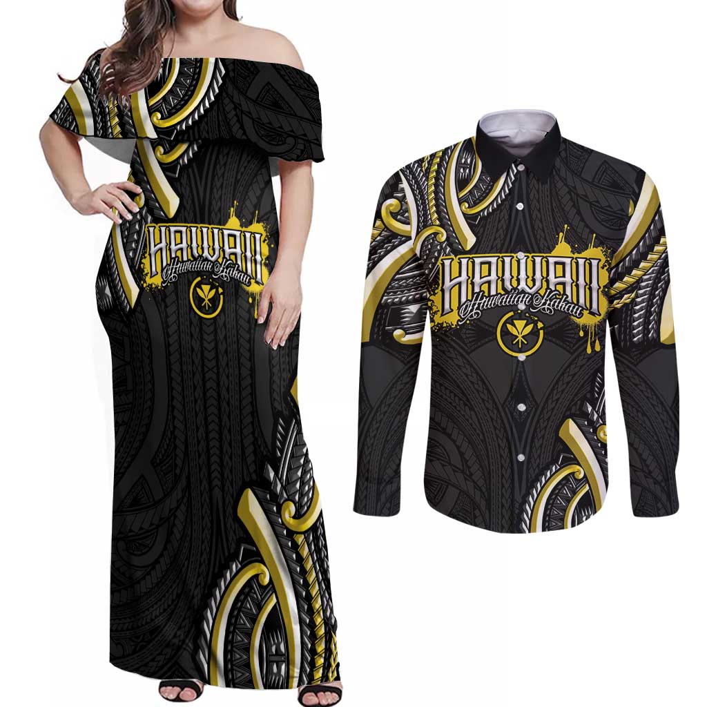 Traditional Art Hawaiian Kakau Tattoos Couples Matching Off Shoulder Maxi Dress and Long Sleeve Button Shirt Yellow Color LT03 Yellow - Polynesian Pride