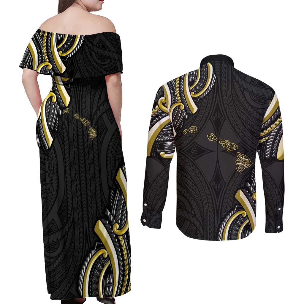 Traditional Art Hawaiian Kakau Tattoos Couples Matching Off Shoulder Maxi Dress and Long Sleeve Button Shirt Yellow Color LT03 - Polynesian Pride