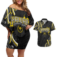 Traditional Art Hawaiian Kakau Tattoos Couples Matching Off Shoulder Short Dress and Hawaiian Shirt Yellow Color - Polynesian Pride