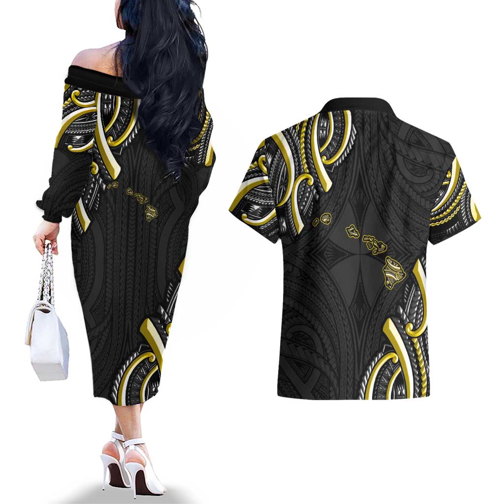 Traditional Art Hawaiian Kakau Tattoos Couples Matching Off The Shoulder Long Sleeve Dress and Hawaiian Shirt Yellow Color - Polynesian Pride
