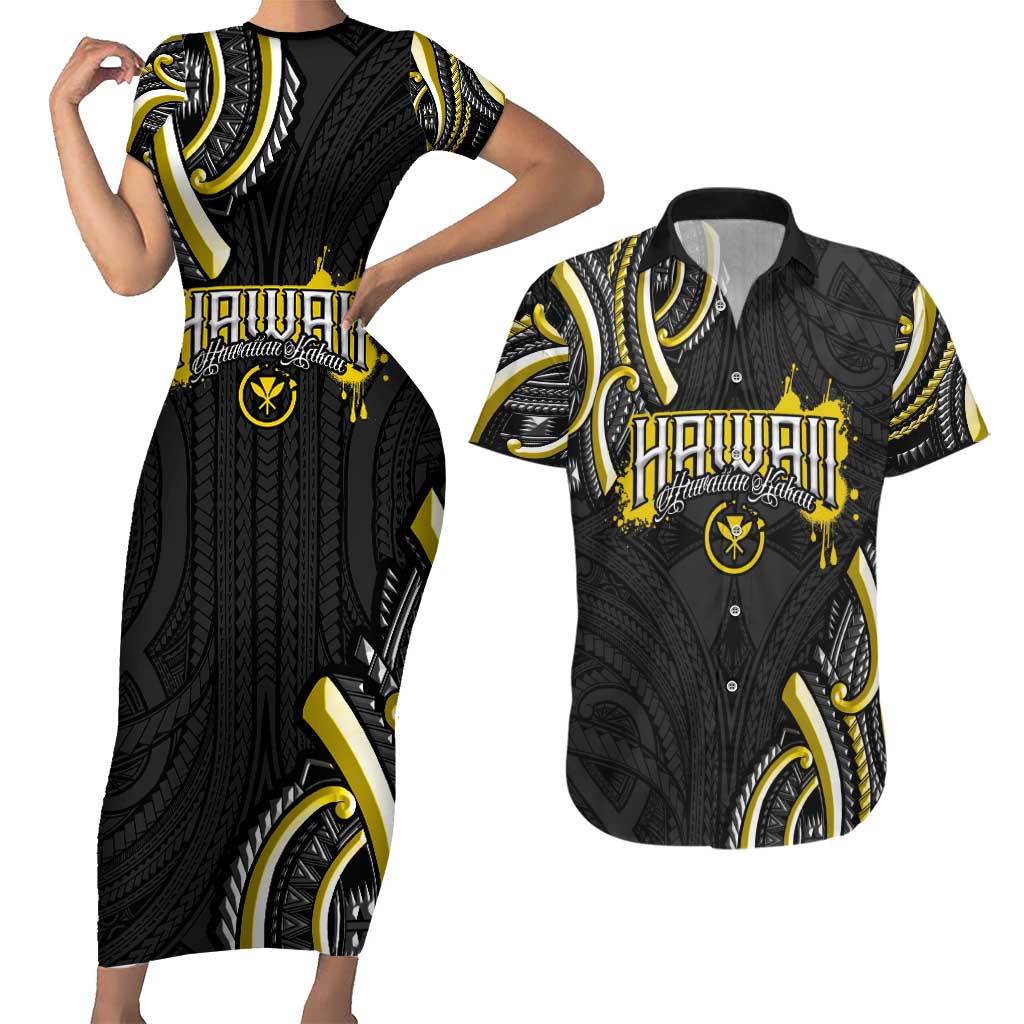 Traditional Art Hawaiian Kakau Tattoos Couples Matching Short Sleeve Bodycon Dress and Hawaiian Shirt Yellow Color - Polynesian Pride