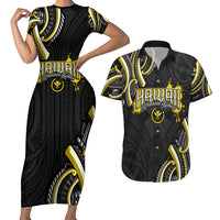 Traditional Art Hawaiian Kakau Tattoos Couples Matching Short Sleeve Bodycon Dress and Hawaiian Shirt Yellow Color - Polynesian Pride