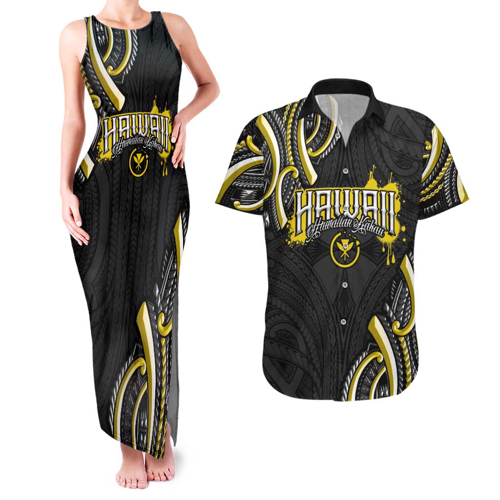 Traditional Art Hawaiian Kakau Tattoos Couples Matching Tank Maxi Dress and Hawaiian Shirt Yellow Color - Polynesian Pride