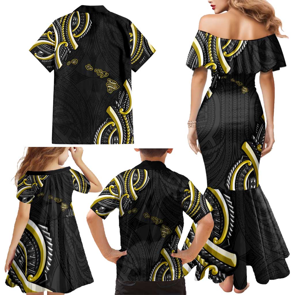 Traditional Art Hawaiian Kakau Tattoos Family Matching Mermaid Dress and Hawaiian Shirt Yellow Color - Polynesian Pride
