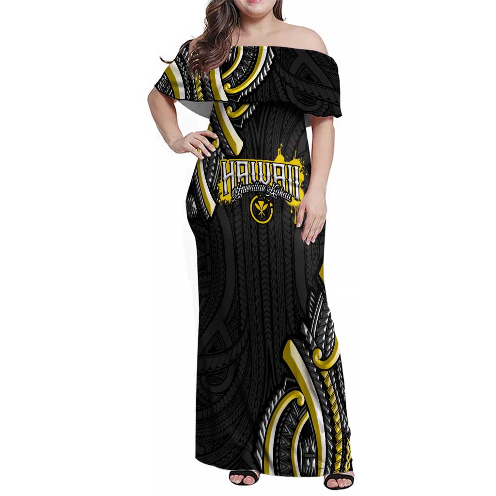 Traditional Art Hawaiian Kakau Tattoos Family Matching Off Shoulder Maxi Dress and Hawaiian Shirt Yellow Color - Polynesian Pride